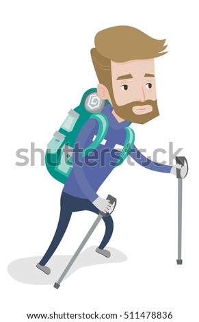 Hipster mountaneer climbing a snowy ridge. Young mountaineer climbing a mountain. Mountaineer with backpack walking up along a snowy ridge. Vector flat design illustration isolated on white background