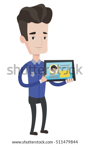 Man holding tablet computer with social network user profile on a screen. Man social networking on tablet computer. Social network concept. Vector flat design illustration isolated on white background