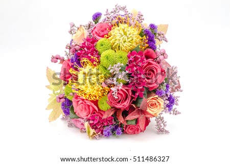 Coral bouquet of yellow and orange flowers isolated on white background