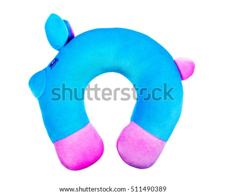traveling blue sleeping pillow or Neck Pillow in pig style isolated on white background.Children neck pillow isolated.Kids neck pillow isolated