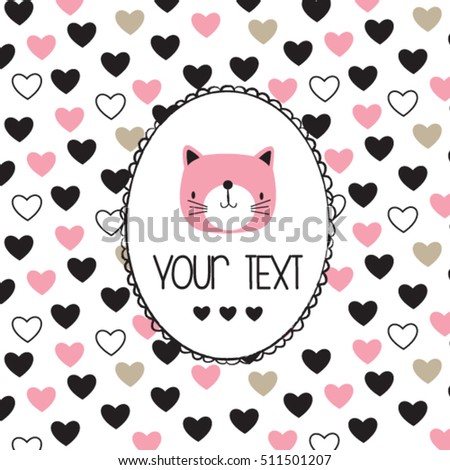 cute cat head on hearts background, love card, bedding pattern for kids, wrapping paper vector illustration