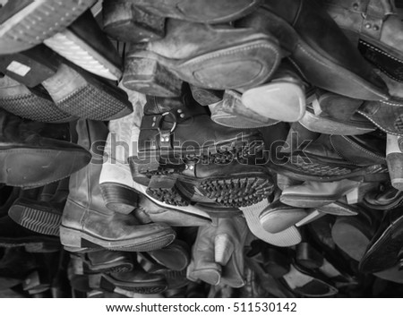Shop of second hand shoes,black and white picture