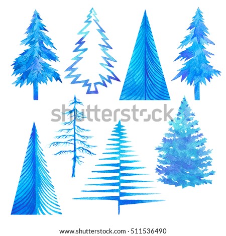 Winter set of trees and Christmas trees. Winter time light blue watercolor hand painted isolated on white background.