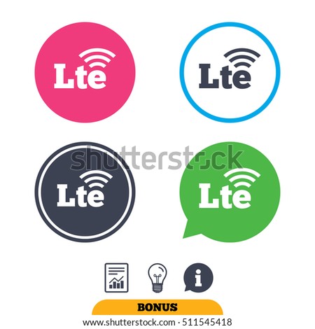 4G LTE sign icon. Long-Term evolution sign. Wireless communication technology symbol. Report document, information sign and light bulb icons. Vector