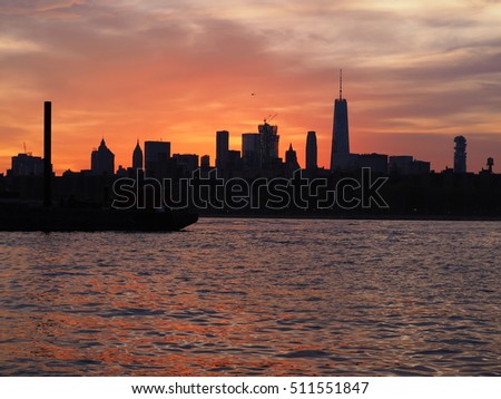New York skyline, sunset
