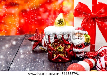 Christmas decoration with snow and red blur background, Xmas concept idea