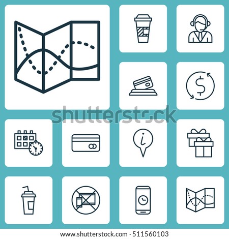 Set Of Transportation Icons On Takeaway Coffee, Road Map And Present Topics. Editable Vector Illustration. Includes Paper, Card, Drink And More Vector Icons.