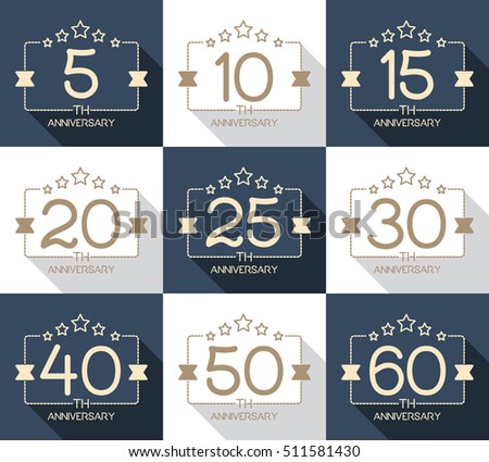 Vector set of anniversary symbols. 5th, 10th, 15th, 20th, 25th, 30th, 40th, 50th, 60th anniversary logo's collection.