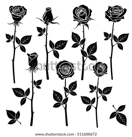 Rose silhouettes, spring buds vector symbols. Black rose with leaf, nature flower roses illustration
