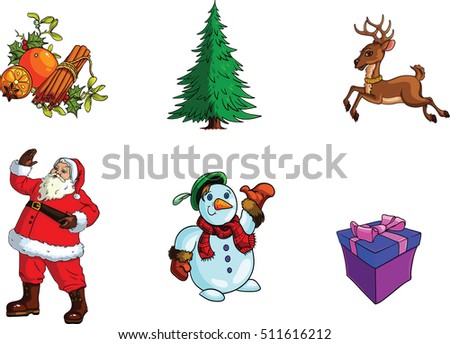 Set of various Christmas items .Snowman, Decor mistletoe with  cinnamon, jumping deer,cartoon Santa Claus , present box,evergreen Christmas tree.  Vector illustration