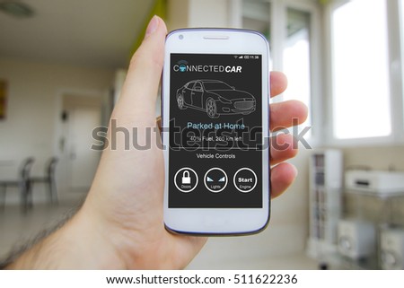  Hand holding smartphone with connected smart car app on the screen. All screen graphics are made up.