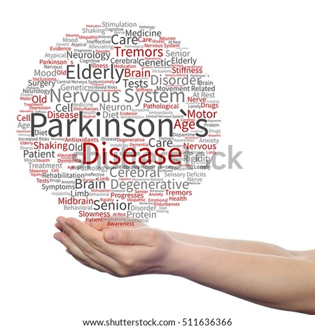 Concept conceptual Parkinson`s disease healthcare nervous system disorder abstract word cloud held in hands isolated on background metaphor to healthcare, illness, degenerative, genetic, symptom brain