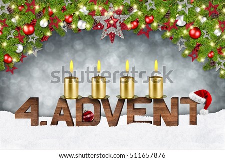 fourth sunday of advent concept xmas background with candles ball bauble stars and red silver decorated fir branches
