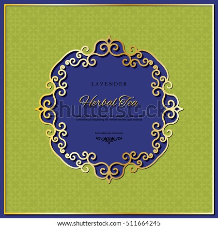 Herbal tea package design with luxury gold laser cutout frame. Bright green, violet and golden colors. Seamless pattern is full under clipping mask. 