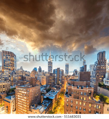 Sunset aerial view of Midtown Manhattan, New York CIty.