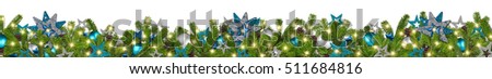 christmas garland super wide panorama banner with fir branches blue petrol turquoise  silver stars and baubles xmas decoration isolated on white background