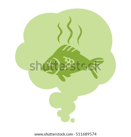 Smell. Stinky green cloud with dead fish. Isolated symbol. On white background.