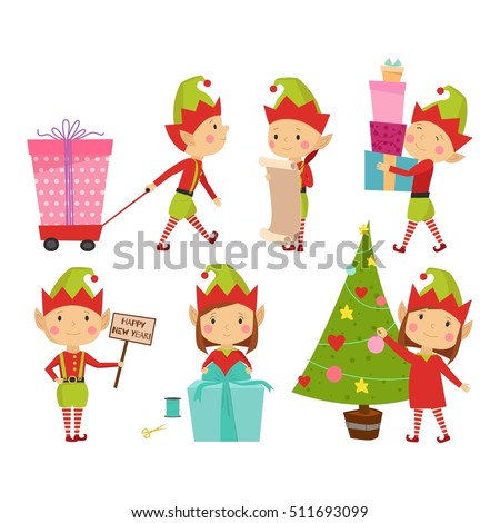 Santa Claus kids cartoon elf helpers working with xmass gift and Christmas tree vector illustration isolated on white. Elfish boys and girls