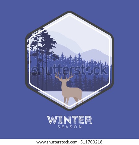 Winter forest deer label. Pine landscape, mountains covered with snow. The concept for the logo, postcards, Web sites.