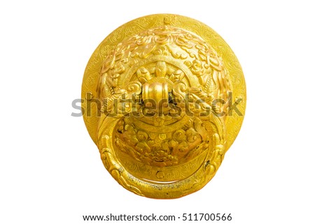 The vintage golden  knocker of chinese door isolated on white background with clipping path.