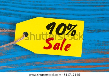 sale minus 90 percent. Big sales 90%, ninety percents on blue wooden background for flyer, poster, shopping, sign, discount, marketing, selling, banner, web, header