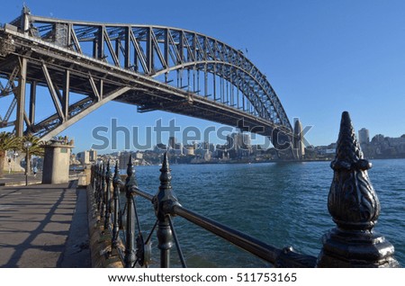 East side of Sydney harbour bridge with Sydney city north side and blue sky in the background for copy space.
