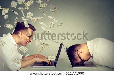Corporate employee income compensation economy concept. Stressed desperate burnout man resting sleeping on laptop sitting next to professional man under money dollar rain. Pay labor salary difference
