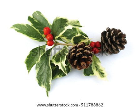 Christmas ornament of hiiragi leaves, heavenly bamboo nuts and pinecones