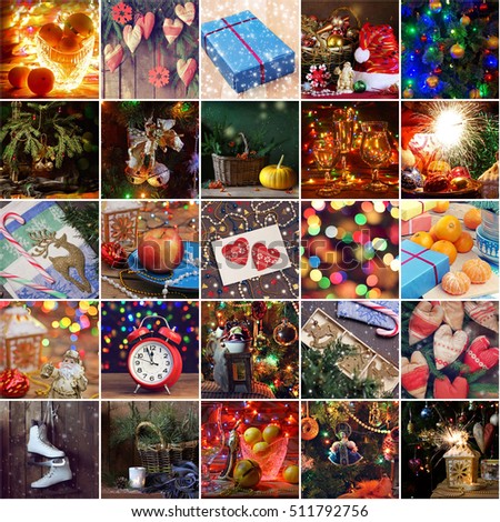 Collage of the fragments of new year pictures. Merry Christmas. Happy new year.