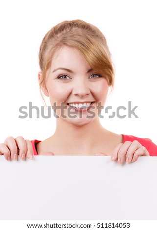 Woman with blank presentation board. Female model showing banner sign billboard copy space for text. Advertisement concept.