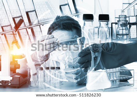 scientist with equipment and science experiments.with chemical equations.science background