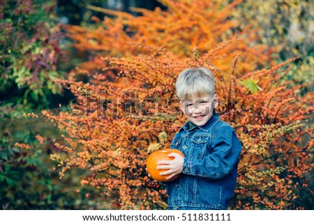 Cute cheerful boy with a orange pumpkin  in the autumn park