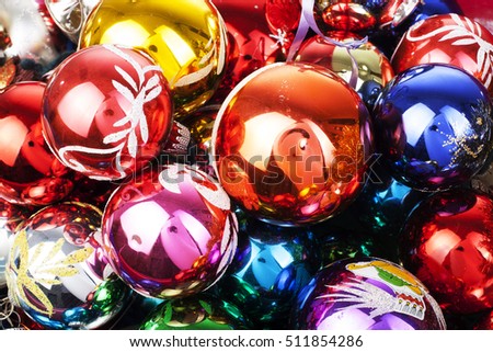 Christmas ball texture real glass ball. Christmas balls, celebrate christmas holiday with colorful shiny brilliant christmas balls. Christmas ornaments. Illustrate holiday with christmas balls.