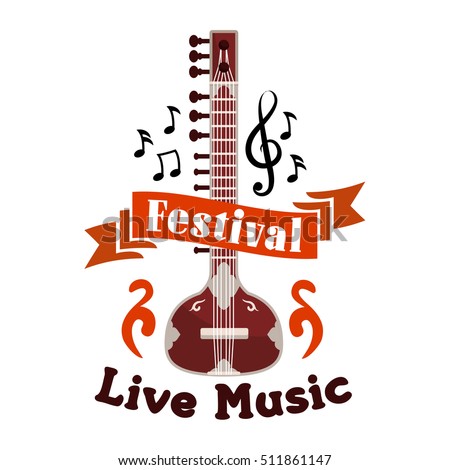 Live folk ethnic music vector emblem. Musical design with string music istrument guitar, banjo, gambusi, biwa, koto, music, notes, clefs, red ribbon for placard, concert poster, music fest banner