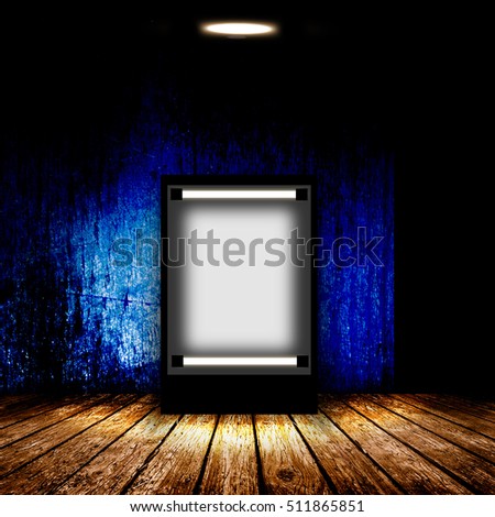 Blank billboard in empty dark room. 3D illustration