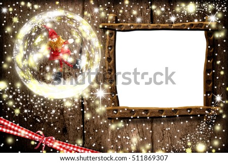 Christmas photo frame cards, one empty photo frame hanging on the wooden wall and Santa elf in bubble