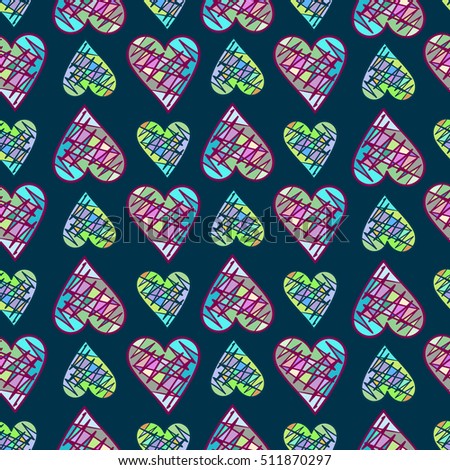 Bright colorful hand drawn hearts, etc. Vector seamless pattern.
