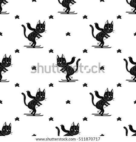 Hand drawn doodle cute black and white skiing cat seamless pattern for wrapping and textile