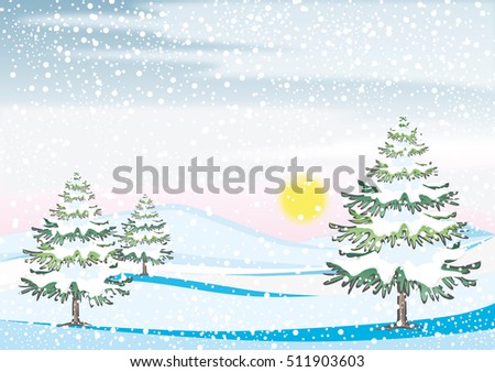 Vector illustration of a winter landscape with trees and snow flakes Seasons greetings