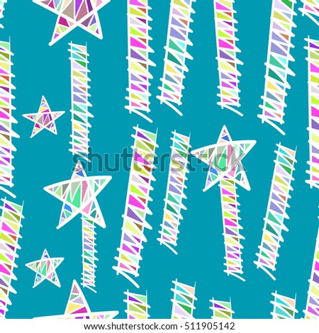 Bright colored hand drawn stars, lines, etc. Vector seamless pattern.
