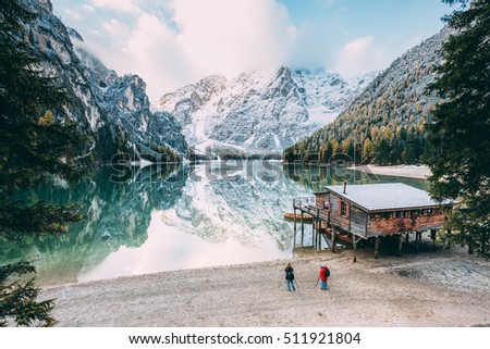 Great scene the alpine lake Braies (Pragser Wildsee). Location place Dolomite national park Fanes-Sennes-Braies, Italy. Europe. Cross processed retro and vintage style. Instagram effect. Beauty world.