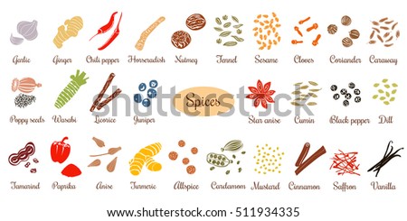 Big vector set of popular culinary spices silhouettes. Ginger, chili pepper, garlic, nutmeg, anise etc. For cosmetics, store, spa, natural health care. Can be used as logo design, price tag, label Royalty-Free Stock Photo #511934335
