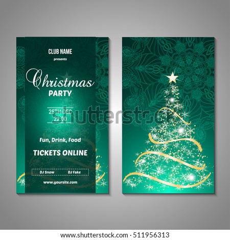 Set of stylized Christmas tree invitation, flyer, sale, discont card template. Merry Christmas decorative background.Use for internet sites, gift cards, flyers and presentations. Front and back page