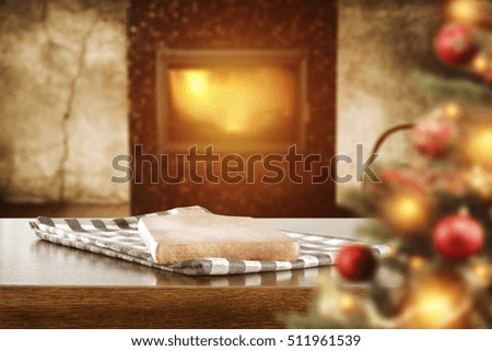 Christmas interior with fireplace and xmas tree and wooden desk of free space for your decoration 