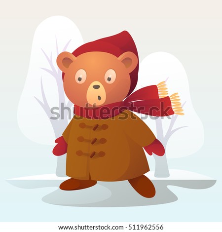 Little cute bear dressed in red hat, gloves and scarf. Winter forest background. Vector cartoon illustration