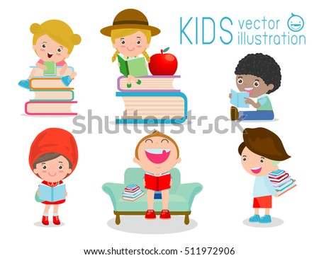 cute kids reading books on white background. Vector Illustration 