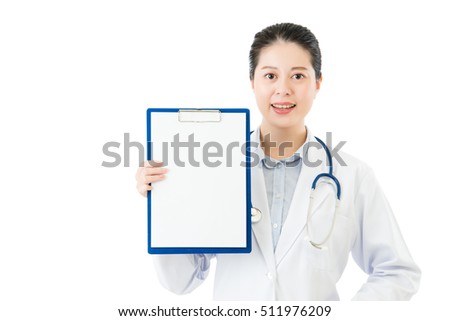 beauty asian doctor display showing blank clipboard. isolated on white background. health and medical concept