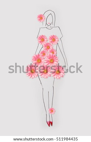 Drawing of fashion model body with pink flower cover