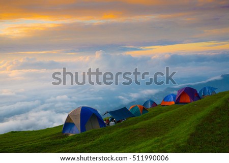 Soft and blurred photo the camping point with mountain mist and at phu tubberk most famous travel place in Phetchabun Thailand