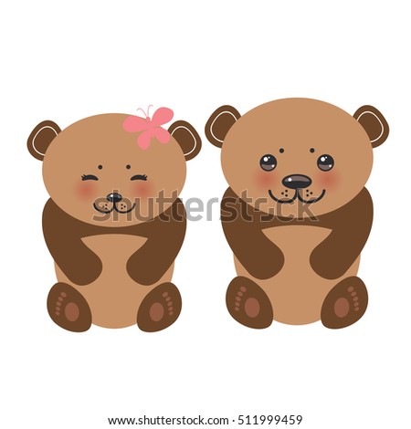 Kawaii funny brown bears girl and boy white muzzle with pink cheeks and big black eyes. 
